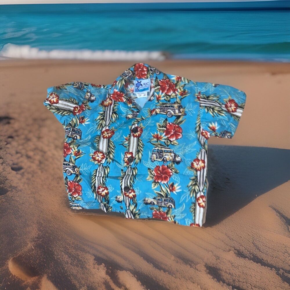 RJC Hawaiian Shirt 18 Mo Blue Woody Surfboard Tropical Retro Kids Aloha